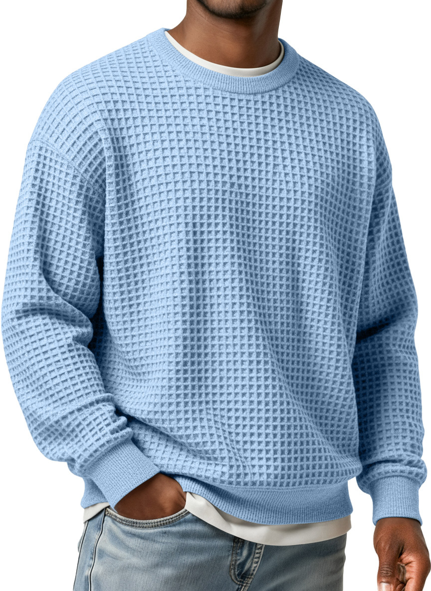 Men's Simple Waffle Round Neck Loose Casual Long-sleeved T-shirt-tidenox