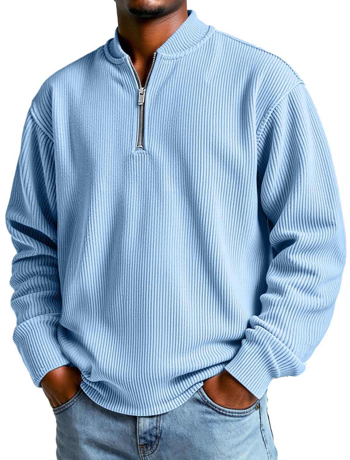 Men's Daily Simple Ribbed Baseball Collar Zipper Casual Long-sleeved T-shirt-tidenox