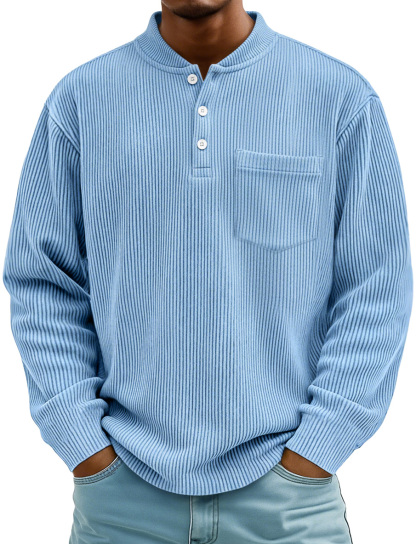 Men's Fashion Ridge Stand Collar Button Casual Pocket Henley Shirt-tidenox