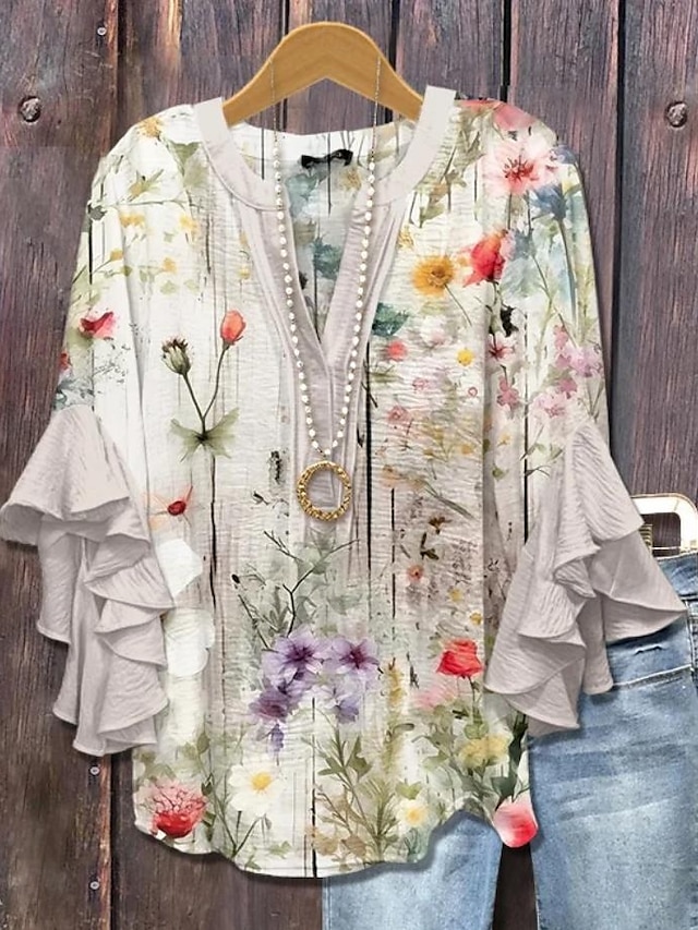 Women's Retro Blouse Layered Ruffle Sleeve Tops 3D Print Vintage Floral Graphic Daily Stylish Casual 3/4 Length Sleeve Regular Tops Daily Holiday Vacation Wear Print Purple Green Beige-tidenox
