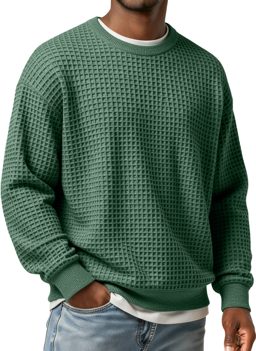 Men's Simple Waffle Round Neck Loose Casual Long-sleeved T-shirt-tidenox