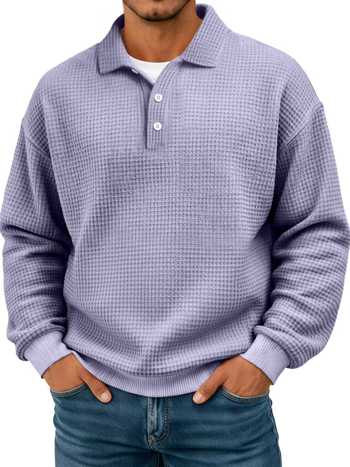 Simple waffle texture lapel button casual long-sleeved POLO shirt-tidenox