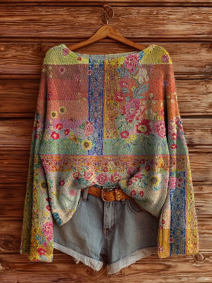 Women's Vintage Ethnic Floral Tattoo Pattern Art Print Casual Pullover Sweater-tidenox