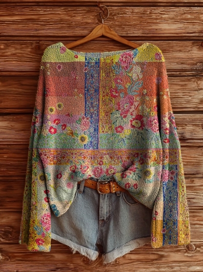 Women's Vintage Ethnic Floral Tattoo Pattern Art Print Casual Pullover Sweater-tidenox