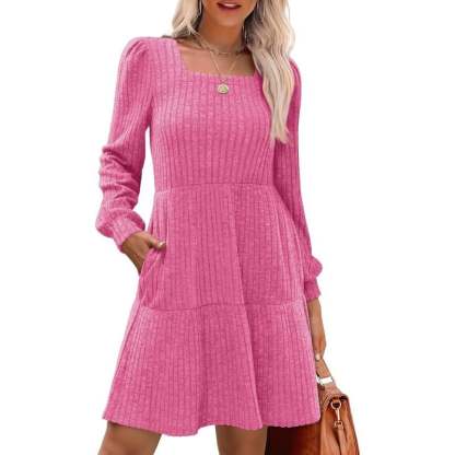 🍂Last Day Promotion 49% OFF🔥Womens Square Neck Long Sleeve Fall Dresses Casual Babydoll Sweater Dress-tidenox