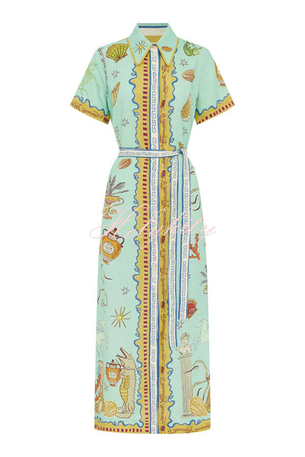 Deep Sea Dreaming Linen Blend Unique Print Short Sleeve Tie-up Shirt Maxi Dress-tidenox