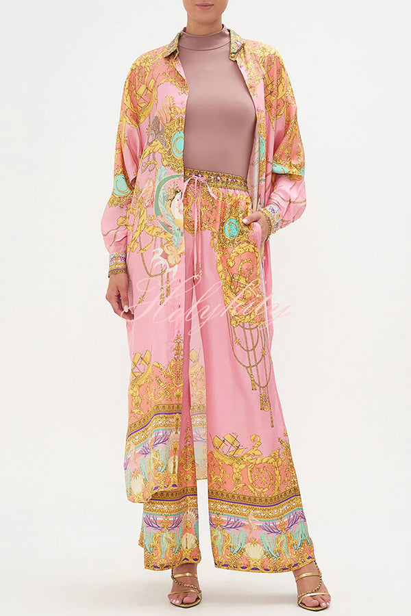 Mermaid Motel Unique Print Long Sleeve Loose Shirt and Elastic Waist Pants Set-tidenox