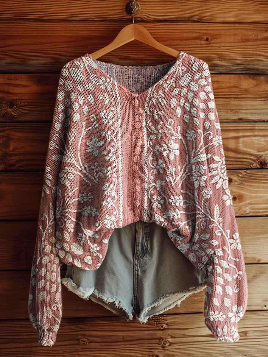 Women's Vintage Ethnic Floral Art Print Casual Pullover Sweater-tidenox