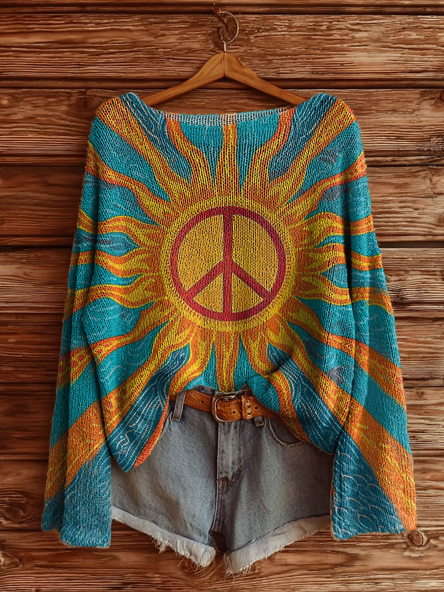 Vintage Sun Abstract Hippie Art Women's Casual Pullover Sweater-tidenox
