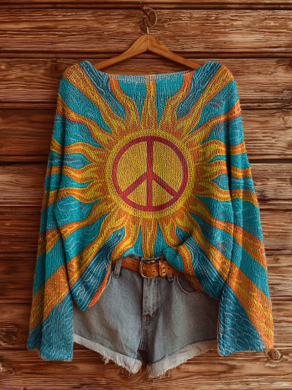 Vintage Sun Abstract Hippie Art Women's Casual Pullover Sweater-tidenox
