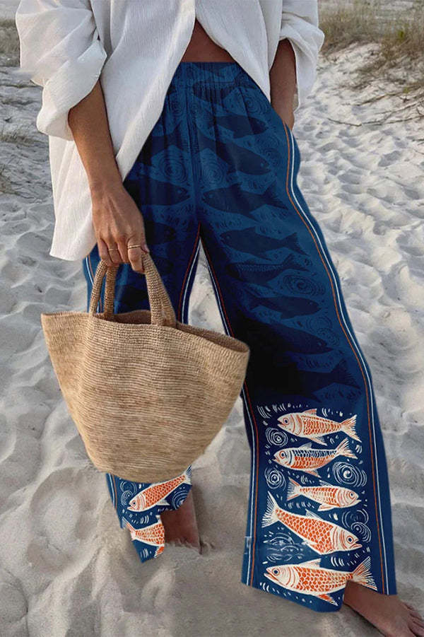 Unique Marine Print Elastic Waist Loose Pocket Pants-tidenox
