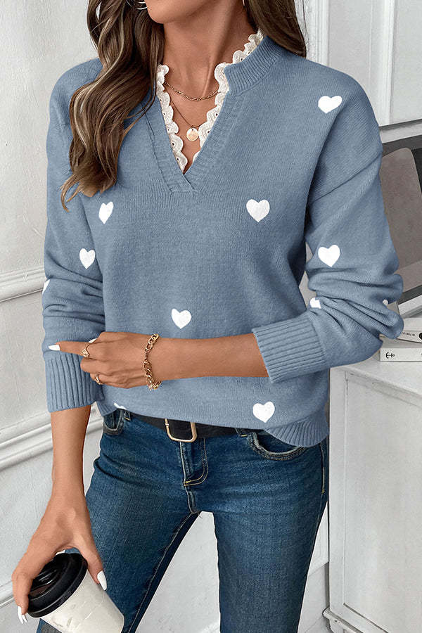 Cute Heart Print Lace Patchwork Tops-tidenox