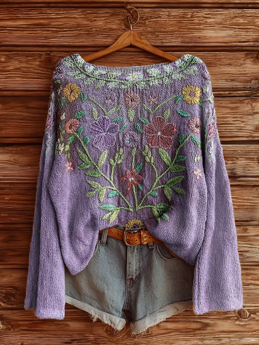 Women's Vintage Ethnic Floral Art Print Casual Pullover Sweater-tidenox
