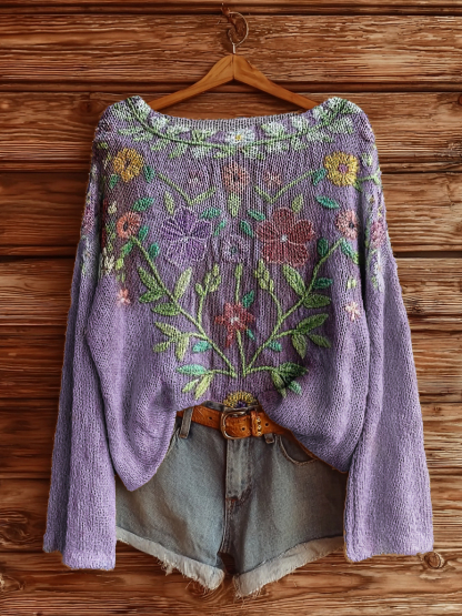 Women's Vintage Ethnic Floral Art Print Casual Pullover Sweater-tidenox