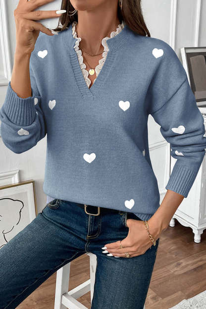 Cute Heart Print Lace Patchwork Tops-tidenox