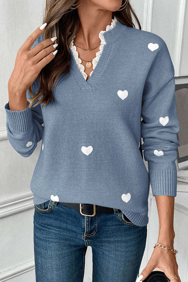 Cute Heart Print Lace Patchwork Tops-tidenox