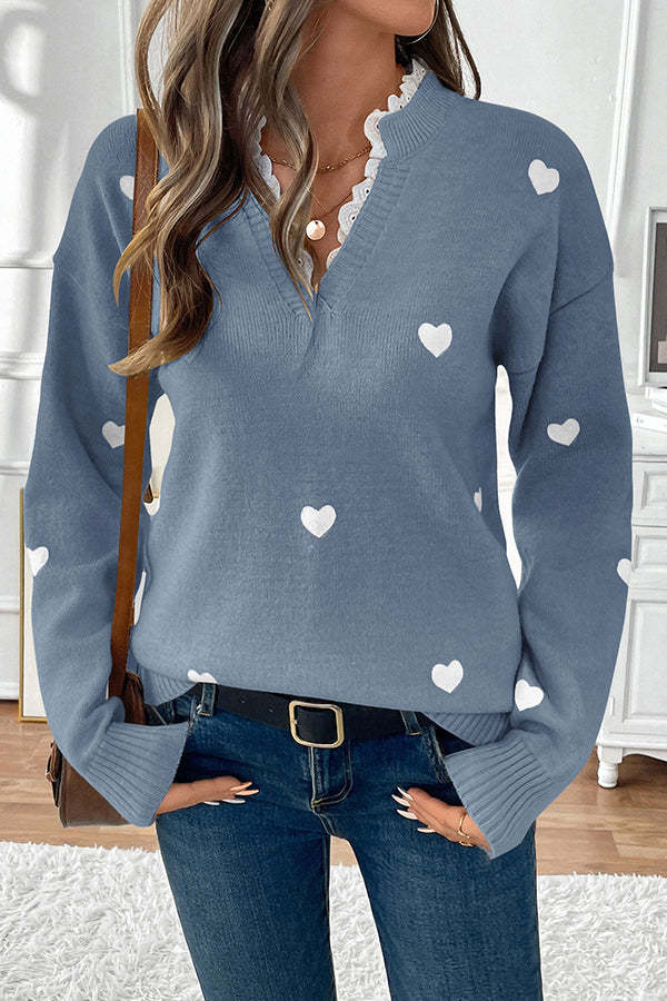 Cute Heart Print Lace Patchwork Tops-tidenox