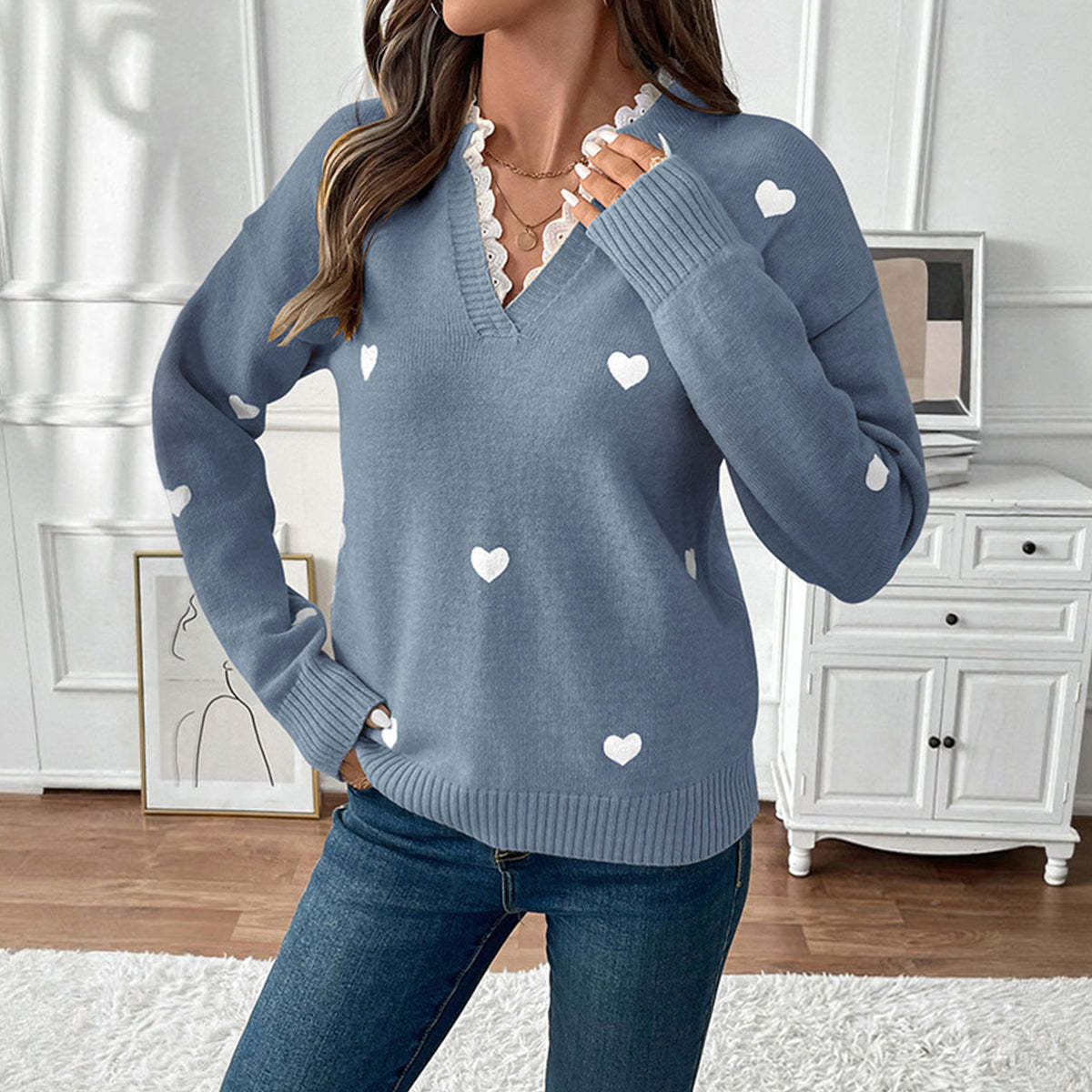 Cute Heart Print Lace Patchwork Tops-tidenox