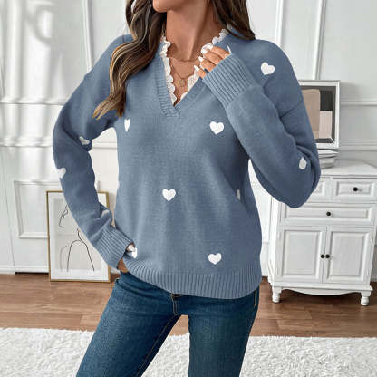 Cute Heart Print Lace Patchwork Tops-tidenox