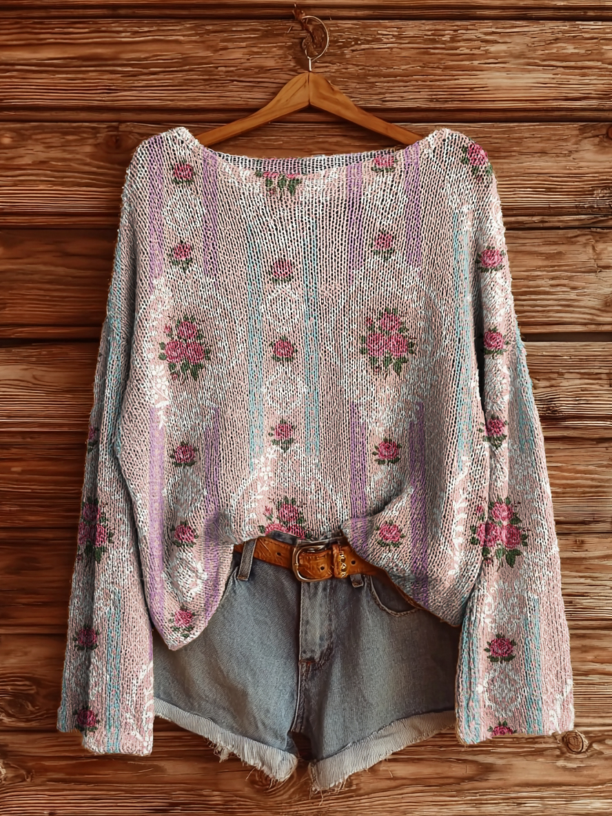 Women's Vintage Ethnic Floral Art Print Casual Pullover Sweater-tidenox