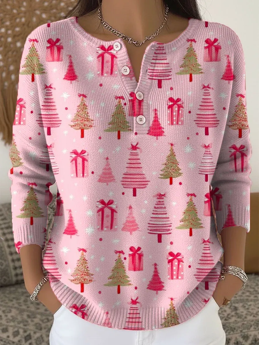 [Copy]Women's Christmas Tree Art Print Buttoned Cardigan Sweater