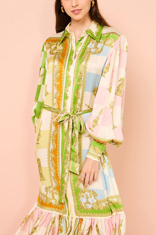 Garden Party Satin Unique Print Balloon Sleeve Belted Shirt Maxi Dress-tidenox