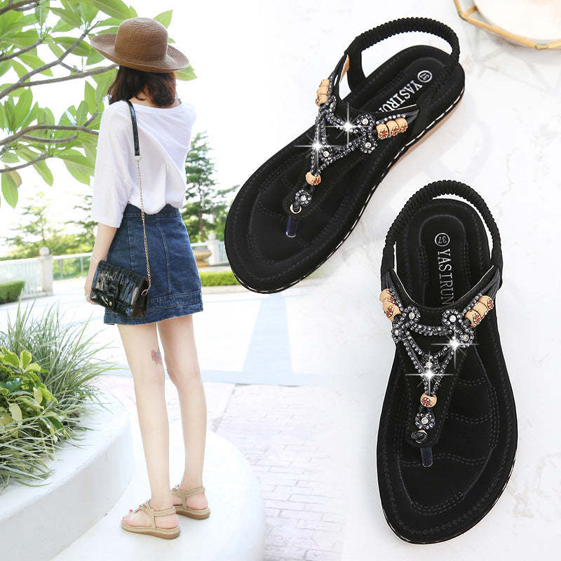 Women Fashion Crystal Bead Flat Sandals-tidenox