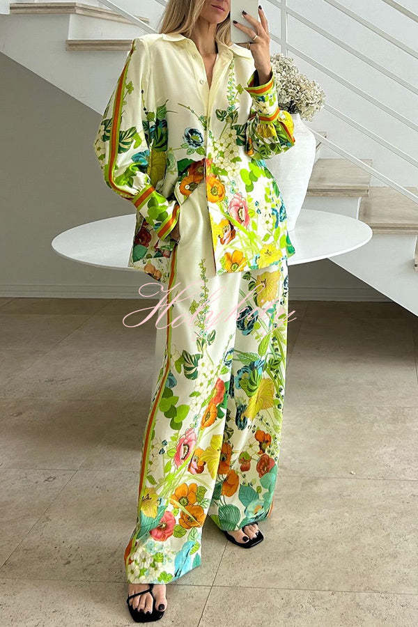 Marielle Satin Floral Print Back Elastic Waist Pocketed Wide Leg Pants-tidenox