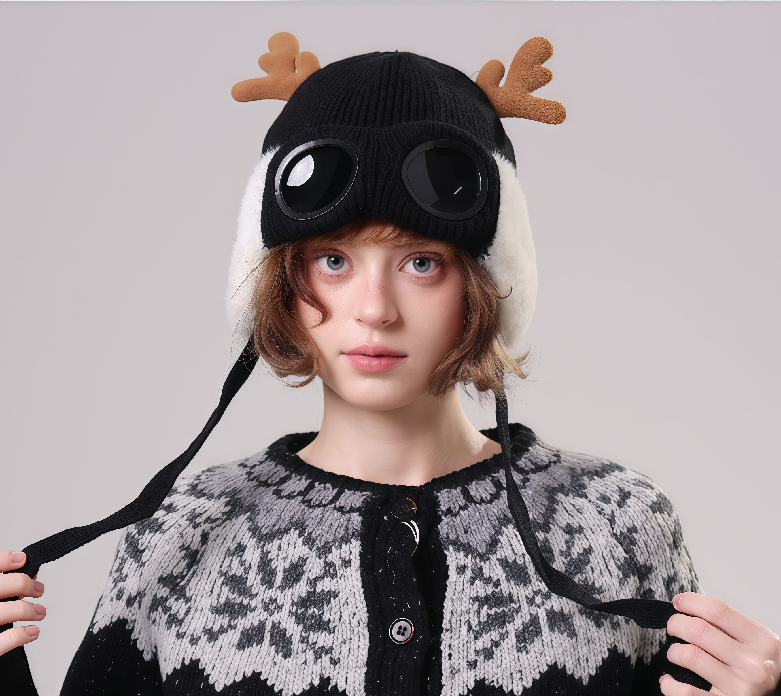 🔥🦋 Winter Knitted Deer Antler Aviator Hat with Goggles-tidenox