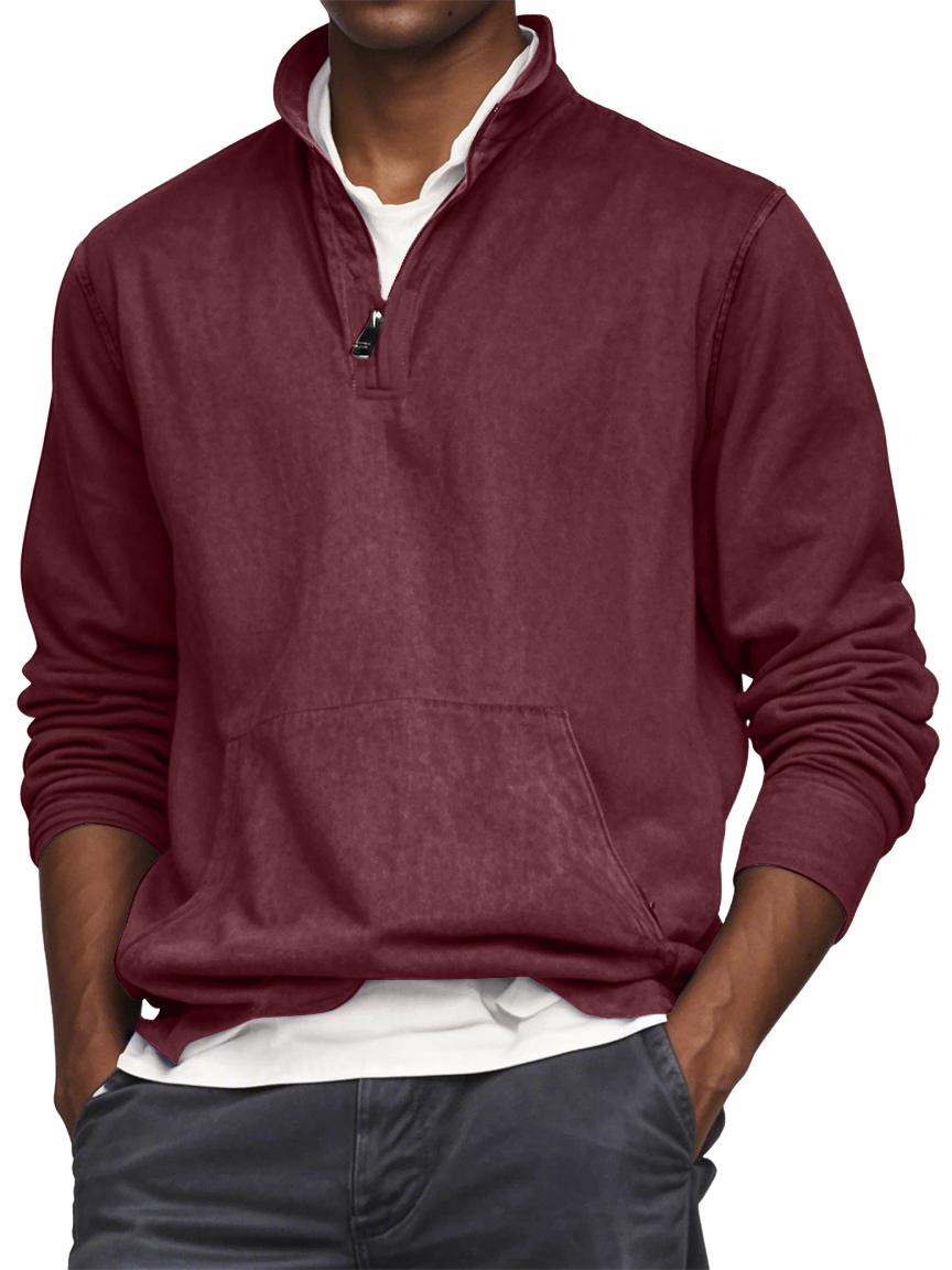 Men's Quarter Zip Pocket Washed Distressed Vintage Long Sleeve T-shirt-tidenox