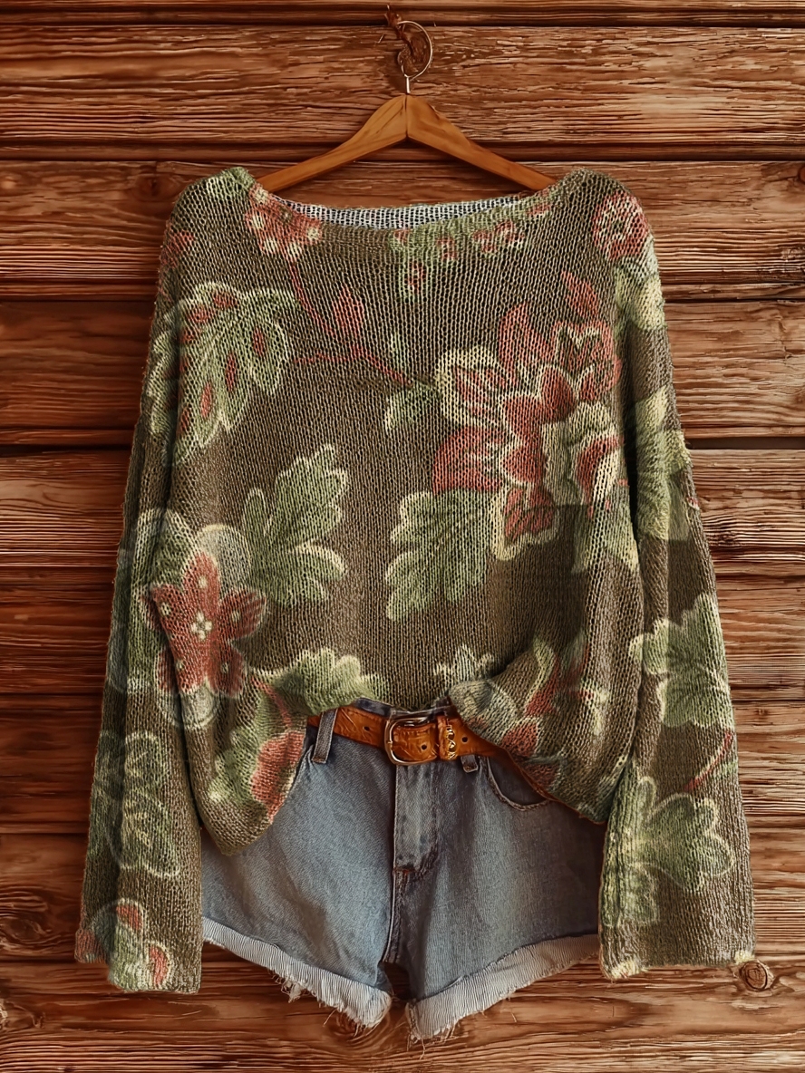 Women's Vintage Floral Art Pattern Print Casual Pullover Sweater-tidenox