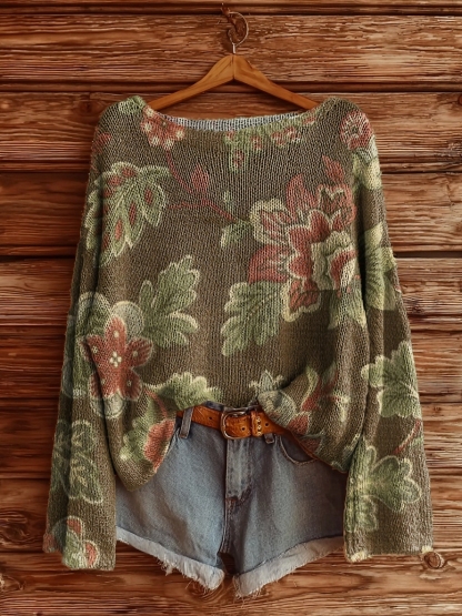 Women's Vintage Floral Art Pattern Print Casual Pullover Sweater-tidenox