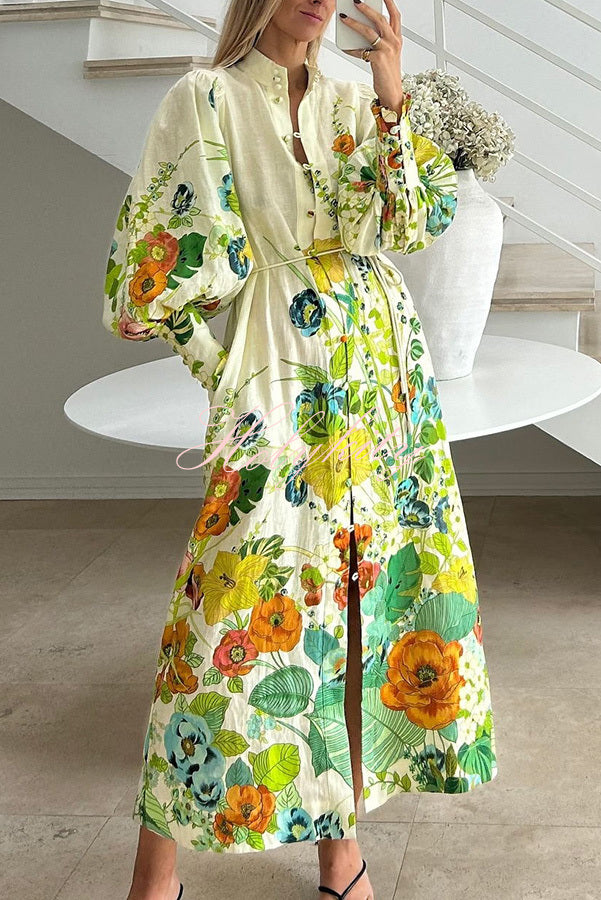 Summer Party Floral Print Balloon Sleeve Pocketed Belt Shirt Midi Dress-tidenox