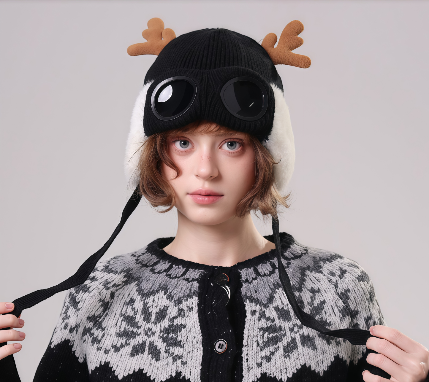 🔥🦋 Winter Knitted Deer Antler Aviator Hat with Goggles-tidenox