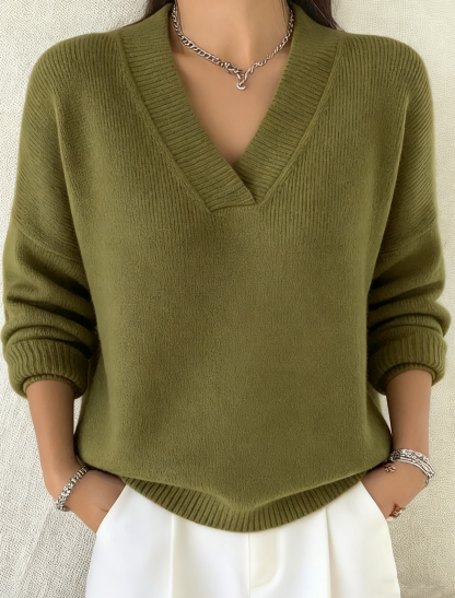Women's Casual Solid Color V-neck Sweater Top-tidenox