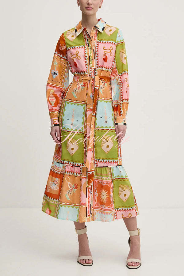 Linen Blend Unique Printed Long Sleeve Lapel Tie-waist Midi Dress-tidenox