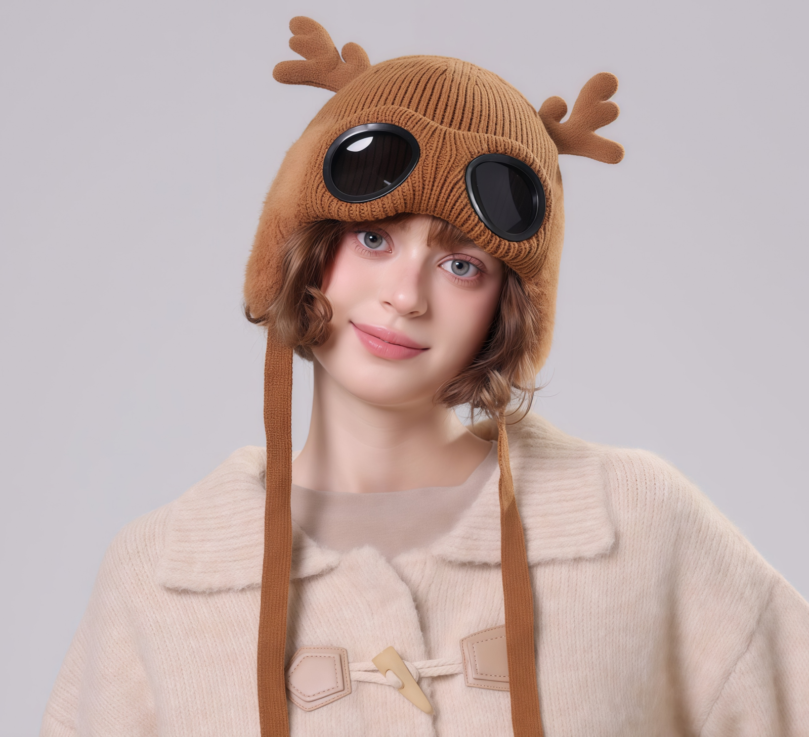 🔥🦋 Winter Knitted Deer Antler Aviator Hat with Goggles-tidenox