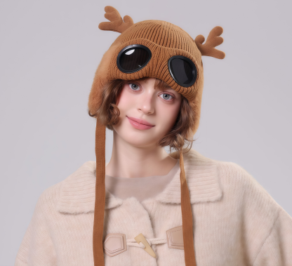 🔥🦋 Winter Knitted Deer Antler Aviator Hat with Goggles-tidenox