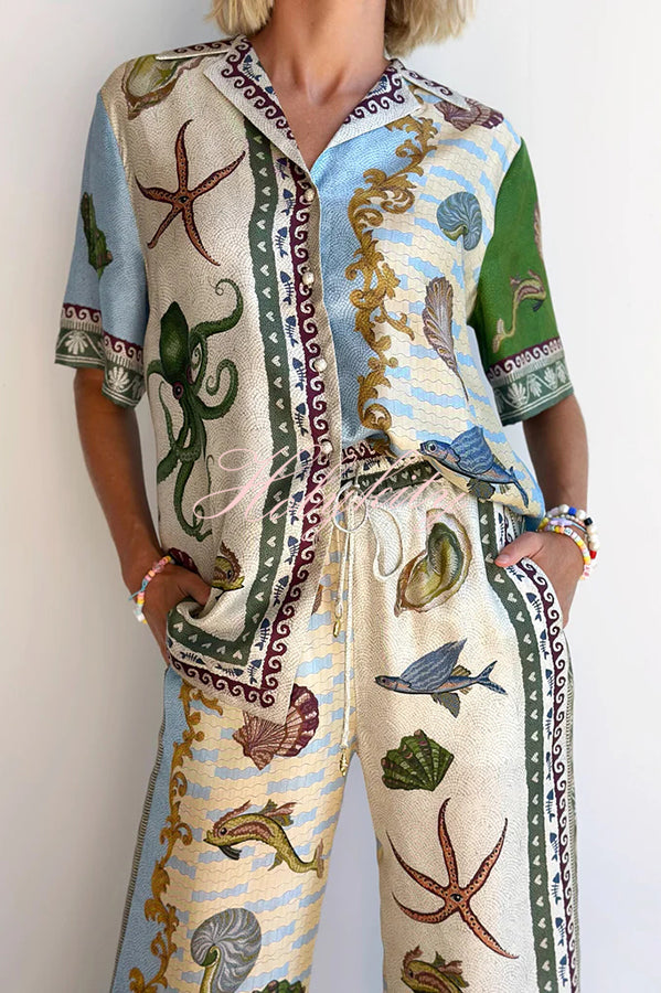 Deep Sea Dreaming Satin Unique Print Short Sleeve Shirt and Elastic Waist Pocketed Pants Set-tidenox