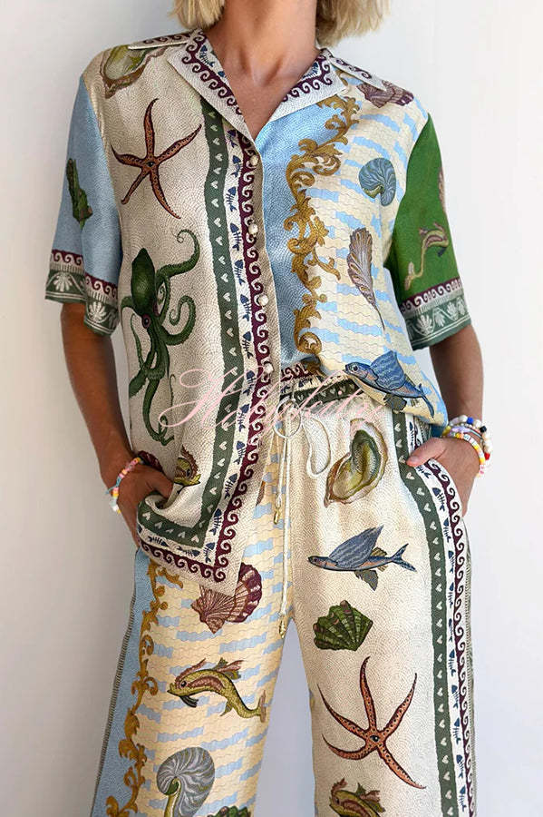 Deep Sea Dreaming Satin Unique Print Short Sleeve Shirt and Elastic Waist Pocketed Pants Set-tidenox