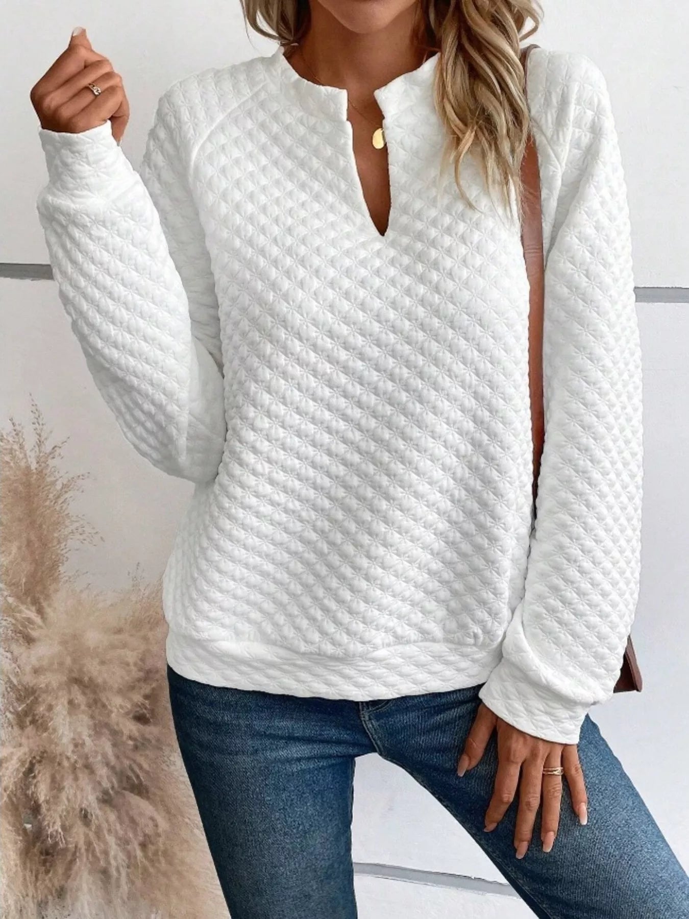 Textured Notched Raglan Sleeve Sweatshirt-tidenox