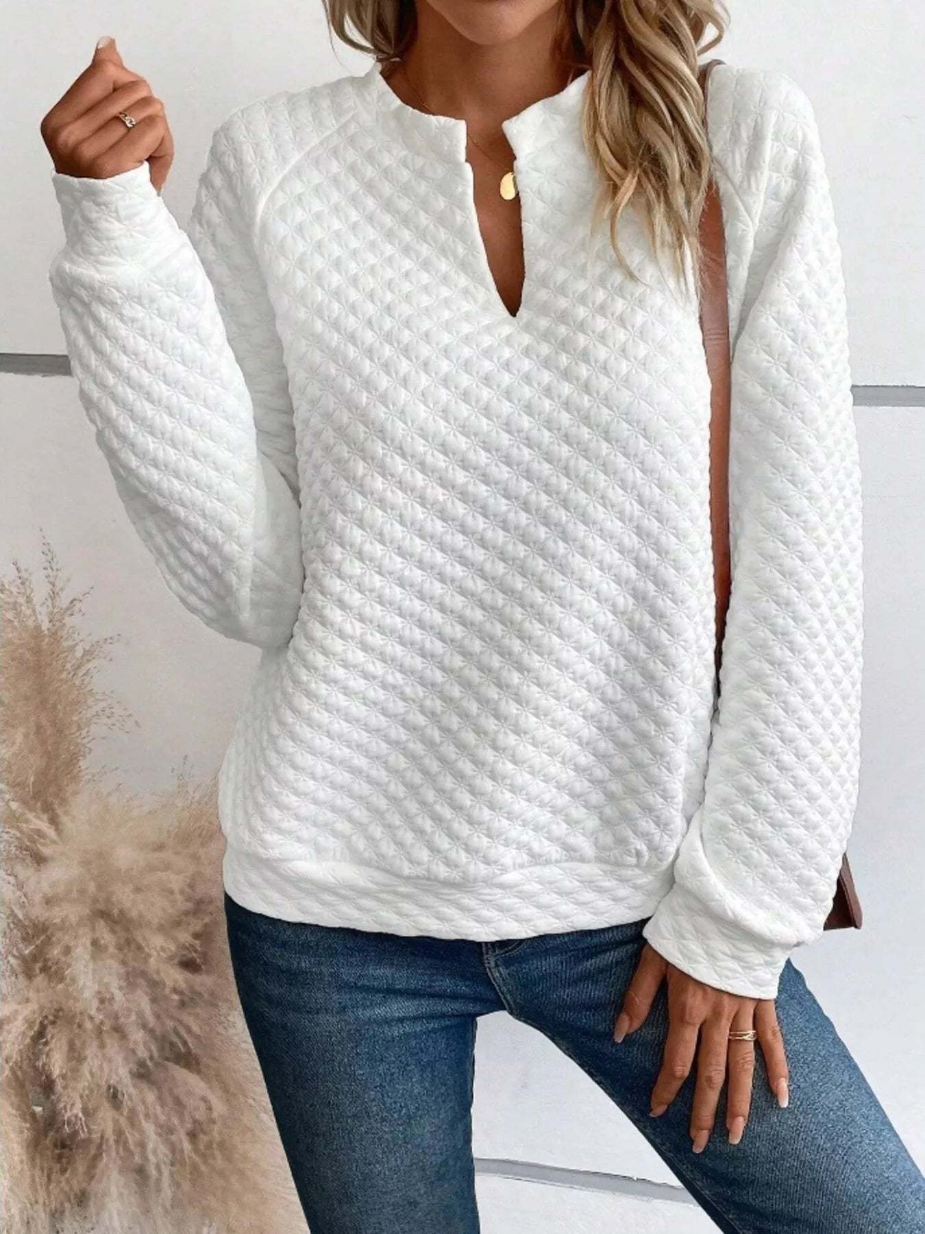 Textured Notched Raglan Sleeve Sweatshirt-tidenox