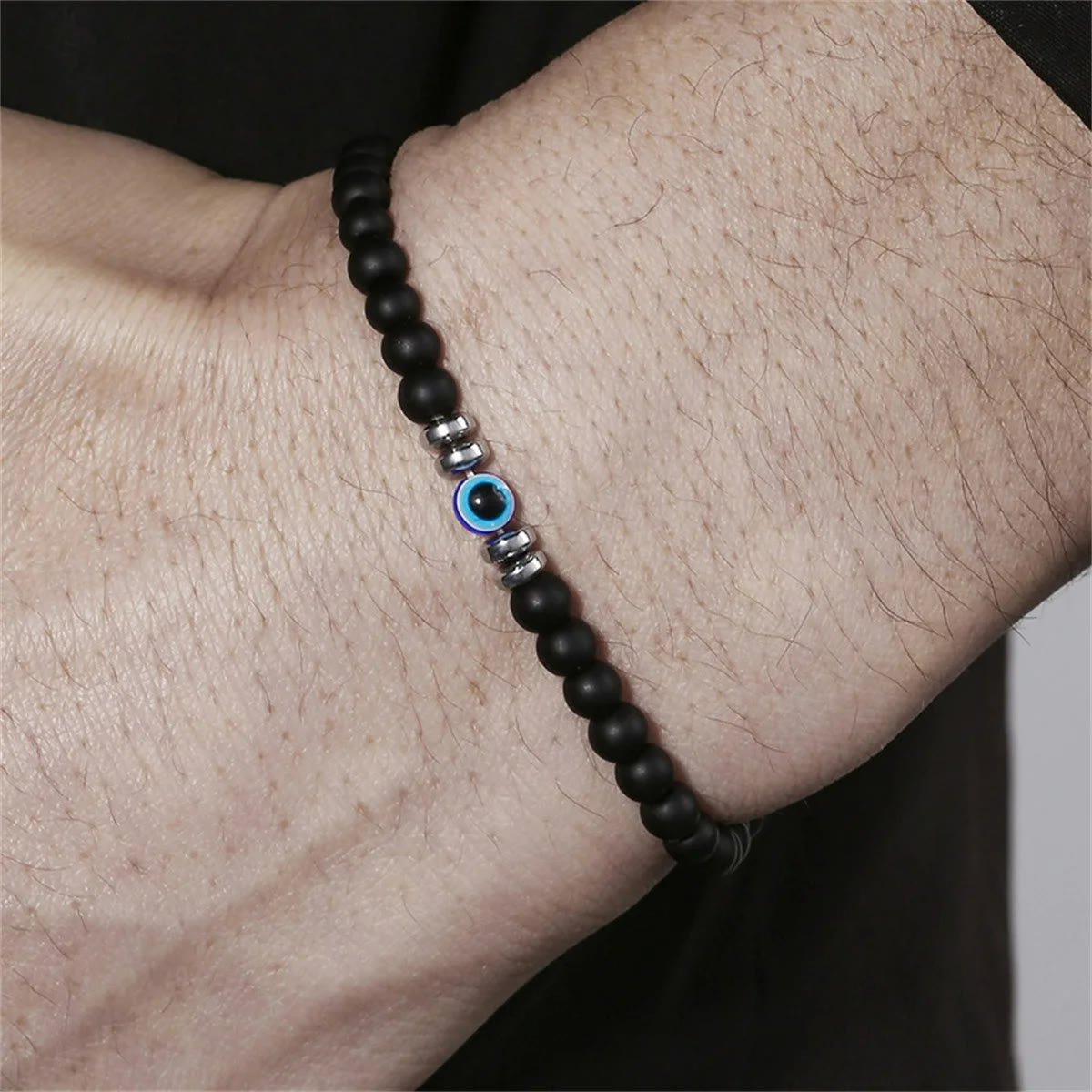 Men's 4mm Natural Stone Bracelet with Evil Eye Charm-tidenox
