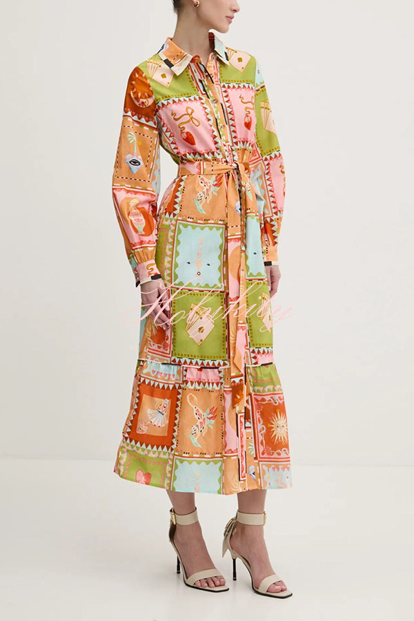 Linen Blend Unique Printed Long Sleeve Lapel Tie-waist Midi Dress-tidenox