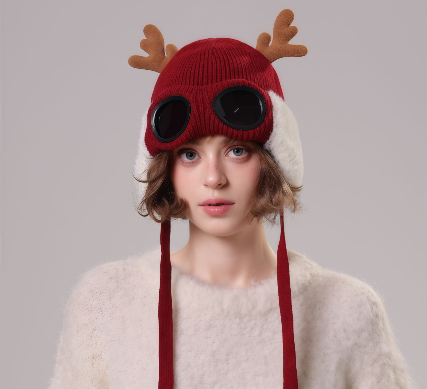 🔥🦋 Winter Knitted Deer Antler Aviator Hat with Goggles-tidenox