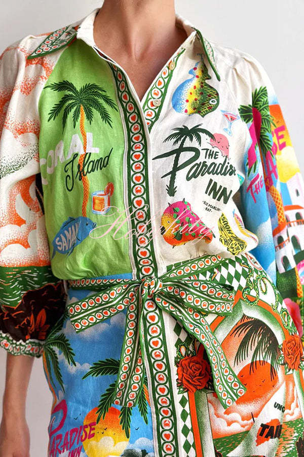 Summer Sophistication Linen Blend Unique Print Belted Pocket Shirt Mini Dress-tidenox