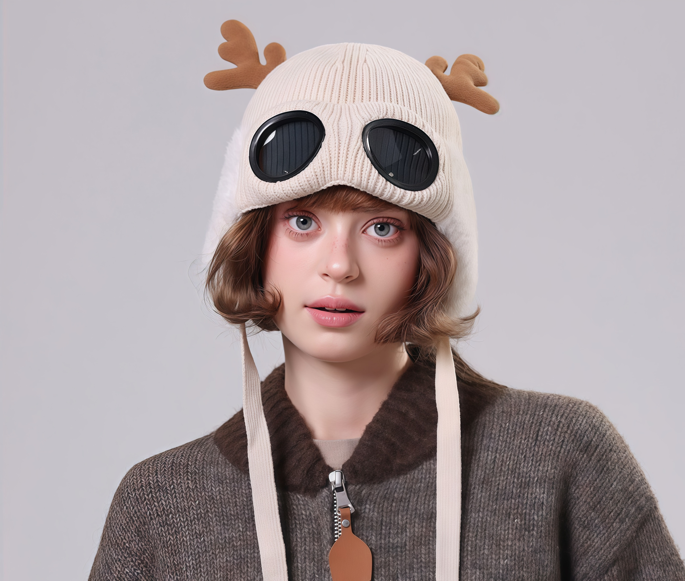 🔥🦋 Winter Knitted Deer Antler Aviator Hat with Goggles-tidenox