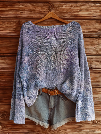 Women's Vintage Ethnic Floral Art Print Casual Pullover Sweater-tidenox