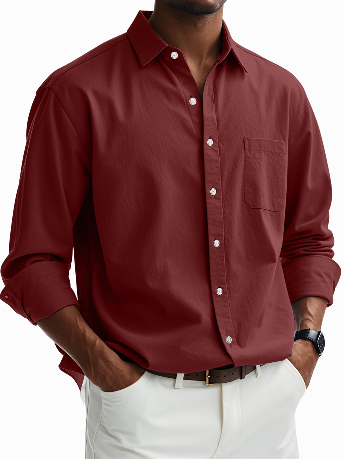 Men's Casual Cotton Pocket Basic Long Sleeve Shirt-tidenox