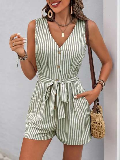 Striped V-neck Button Front Belted Romper-tidenox